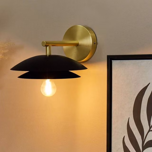 Wyld and Coco Modern Glamour Metal Wall Lamp with Double Cone Shade in Black and Gold