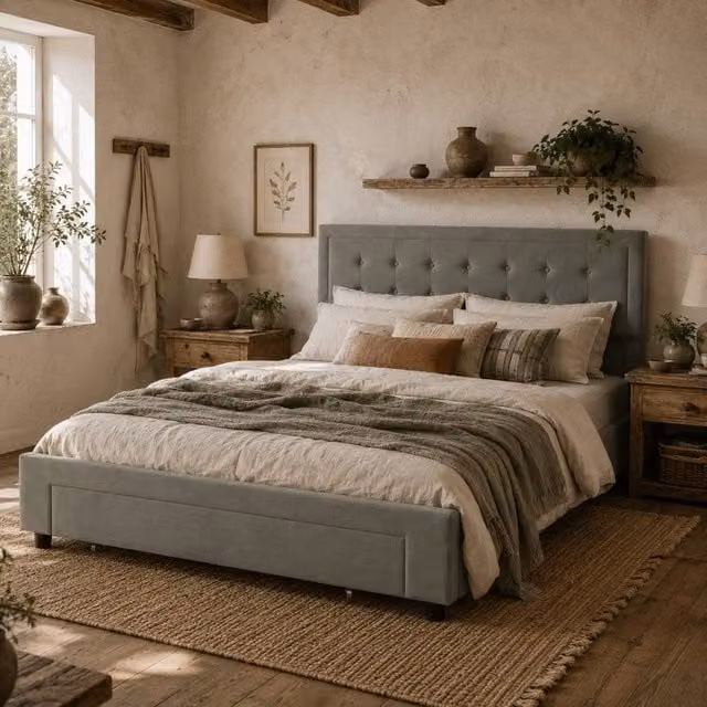 Wyld Haus Rela Double Ottoman Bed Frame with Lift Up Storage and Front Divan in Grey, W/D/H: 140 x 200 x 104 cm