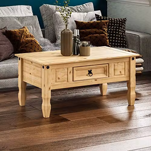 Vida Designs Rectangular Coffee Table with Drawer, Waxed Solid Pine Wood, Brown, W: 94 cm, D: 56 cm, H: 45 cm – 2