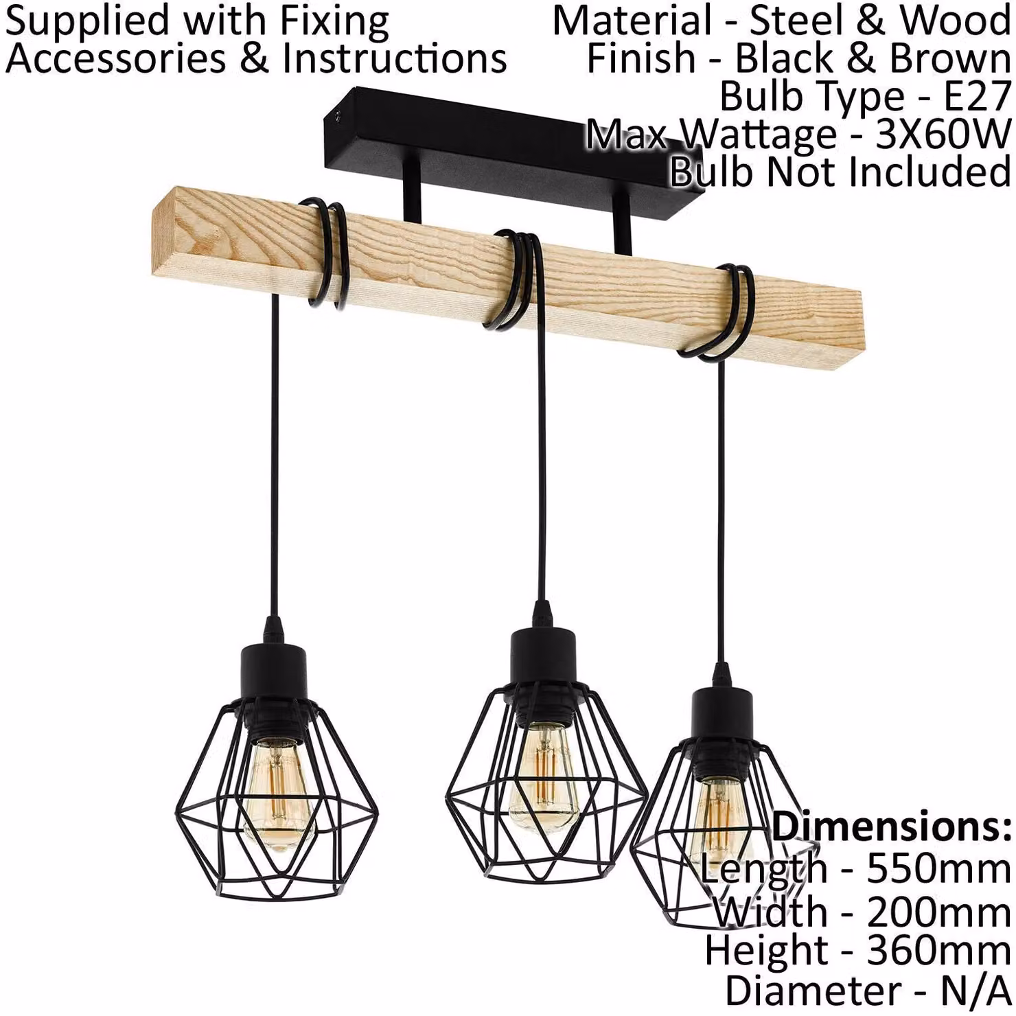 Loops Ceiling Spot Light and 2x Matching Wall Lights in Black Wire Cage and Wood – 2