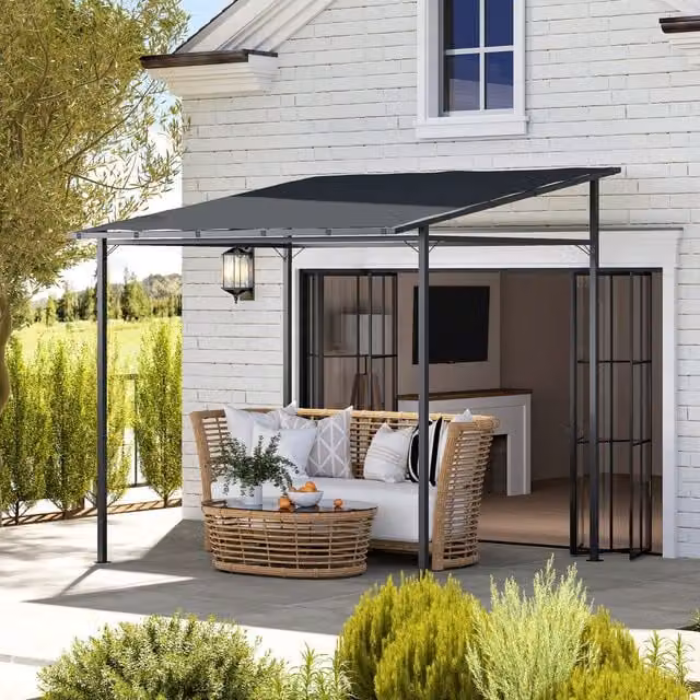 Outsunny Wall Mounted Lean-to Pergola Gazebo in Dark Grey, W: 240 cm x D: 240 cm x H: 240 cm