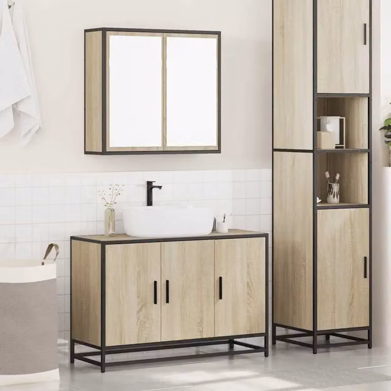 Berkfield Home 2 Piece Bathroom Furniture Set in Sonoma Oak Brown featuring a Vanity Unit and Mirror Cabinet