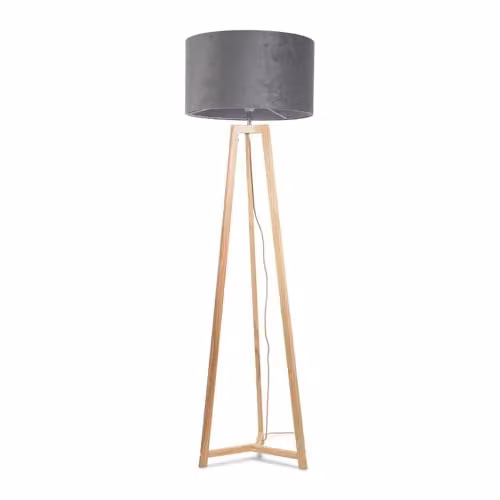 ValueLights Natural Wood Tripod Floor Lamp with Grey Velvet Drum Lampshade and LED Bulb, H 158 cm x W 45 cm x D 45 cm – 1