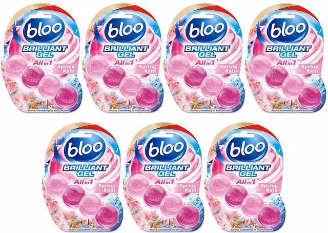 Bloo Brilliant Gel All in 1 Toilet Rim Blocks Spring Rain Scent, Multicolour, 7 Pack