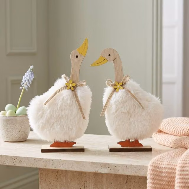 Garden Greatness Decorative Fluffy Duck Duo Ornaments, White and Multicolour Textile Tabletop Set of 2