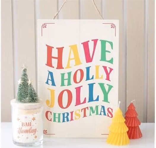 KDMD Have a Holly Jolly Christmas Hanging Wood Sign in White and Multicolour