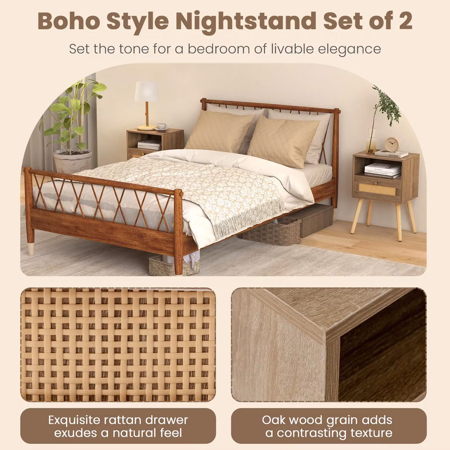 Gymax Boho Rattan Nightstand and End Table with Drawer and Open Shelf in Khaki Oak – 7