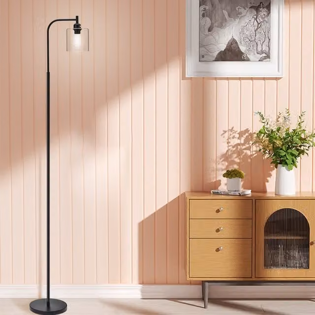 Livingandhome Minimalist LED Floor Lamp with Transparent Glass Cylinder Lampshade in Black