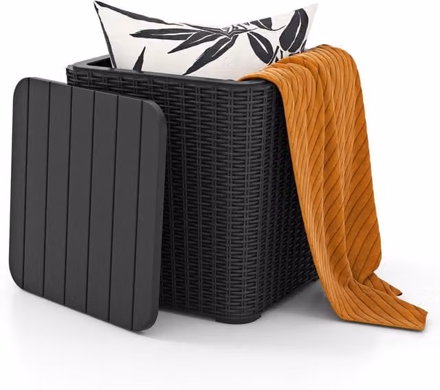 COSTWAY 43L Black Outdoor Patio Storage Box with Rustic Composite and Plastic Frame
