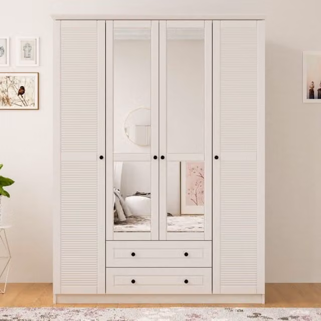 EVUHOME VOLET 4 Door 2 Drawer Mirrored Wardrobe in White