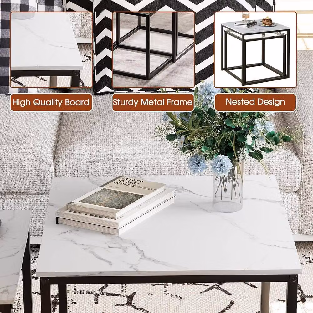 Huhote Set of 2 Nesting Tables with White Marble Finish Tops and Black Metal Frames – 7