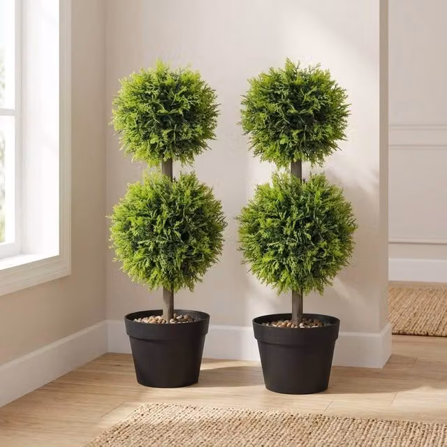 STILVORA Set of 2 Green Artificial Round Topiary Cypress Trees, Height: 60 cm