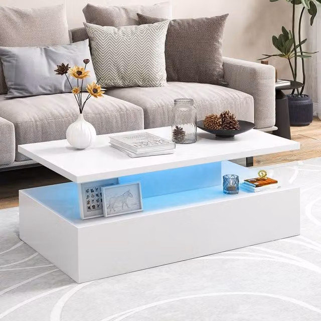 Costway Modern 2-Tier White Glossy Coffee Table with LED Light