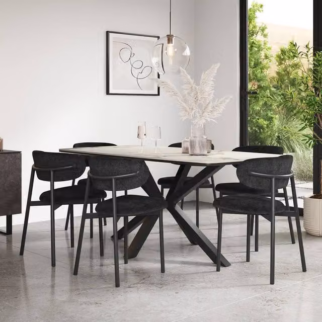 More4Homes Juno Calcutta Gold Ceramic Dining Table and Myla Linen Dining Chair Set of 6, W/D/H: 180 x 90 x 75 cm