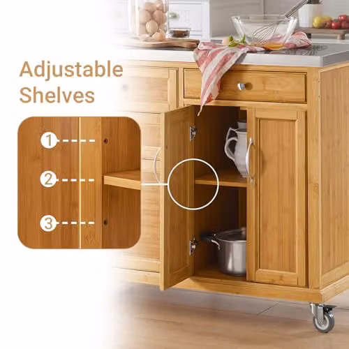 SoBuy FKW70-N Kitchen Storage Trolley and Island with Stainless Steel Top, Brown Bamboo and MDF – 3