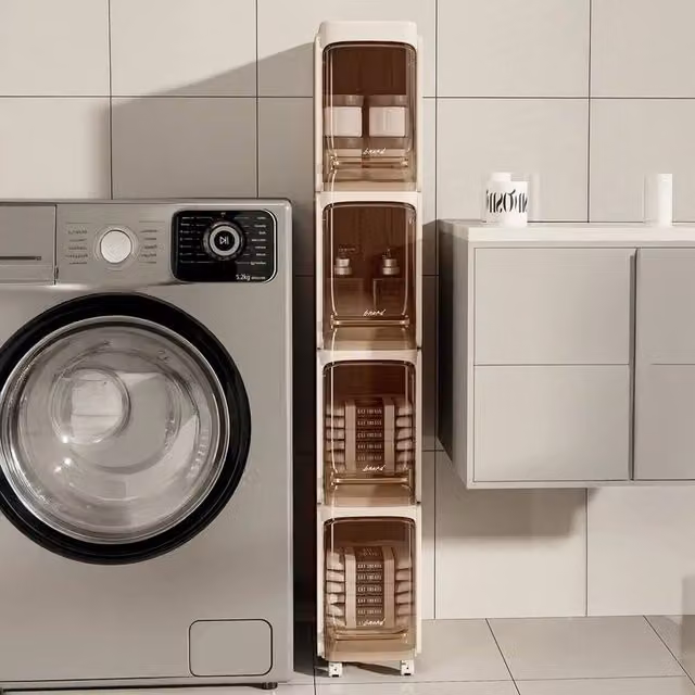 SPETLEK 4-Tier Rolling Slim Tall Bathroom Storage Cabinet in Beige – 1