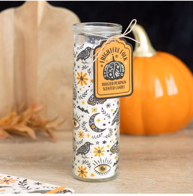 KDMD Toasted Pumpkin Folk Print Glass Tube Scented Candle in Multicolour