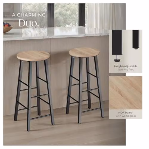 tectake Set of 2 Modern Minimalist Bar Stools with Industrial Steel Frames and Light Wood Seats in Black and Brown – 4