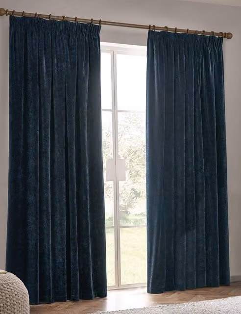 YARD Navy Blue Chenille Blackout Pencil Pleat Curtains