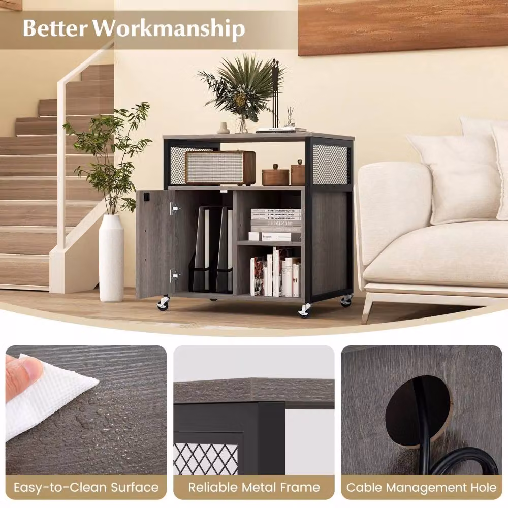 Costway Mobile Lateral Filing Cabinet with Charging Station and Lock, Grey – 4