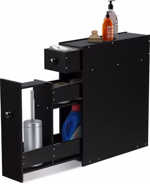 Gymax Slim Black Matt Floor Cabinet with Drawer and Hinged Doors – 1