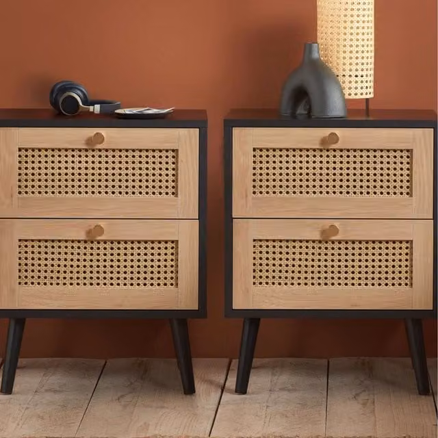 Croxley Pair of 2-Drawer Bedside Tables in Black and Gold with Rattan Detail