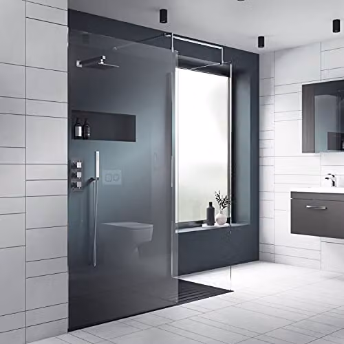 nuie WRSC11 Modern Single Panel Bathroom Wetroom Screen in Transparent Glass with Polished Chrome Support Bar, W: 110 cm, H: 185 cm, D: 8 cm – 2