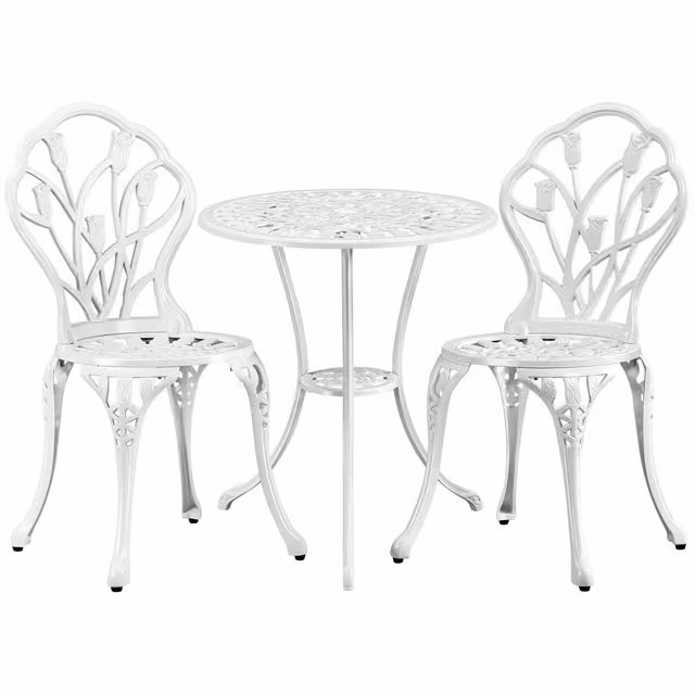 Yaheetech Retro Floral Outdoor Bistro Set with Umbrella Hole in White Glossy Metal