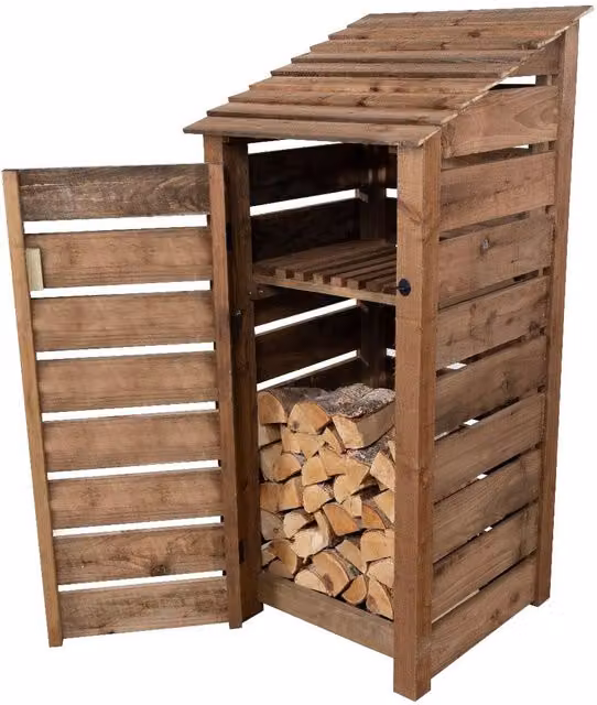 Arbor Garden Solutions Brown Slatted Single Bay Wooden Log Store with Door and Kindling Shelf