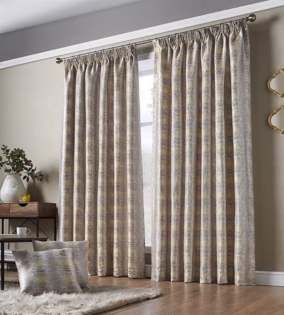 Luxury Living Reflect Jacquard Fully Lined Ready Made Pencil Pleat Curtains in Yellow, Width: 168 cm, Drop: 229 cm