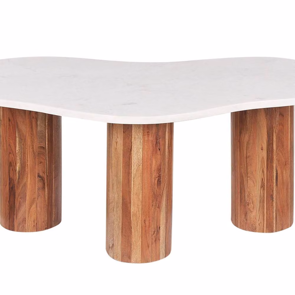 Wyld and Coco Oval Marble Top Coffee Table with Acacia Wood Base in White, W/D/H: 90 x 45 x 35 cm – 2