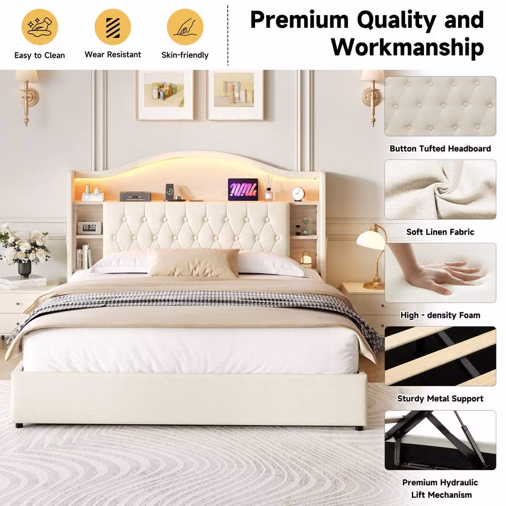 Matteo King Upholstered Bed Frame in Beige with Hydraulic Storage, LED Headboard and USB Charging Port, W/D/H: 180 x 200 x 157 cm – 4