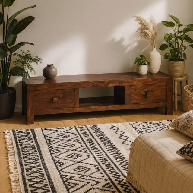 Wyld Haus Phuket Dark Mango Wood TV Media Unit in Brown with 2 Drawers and 1 Open Shelf, W/D/H: 145 x 40 x 40 cm