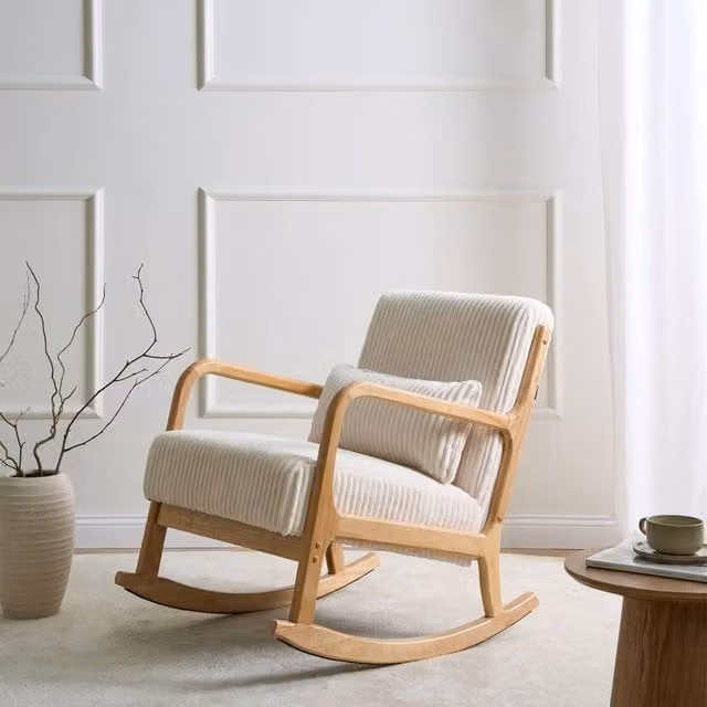 Wyld Haus Norden Living Rocking Armchair in White Striped Corduroy with Solid Rubberwood Frame