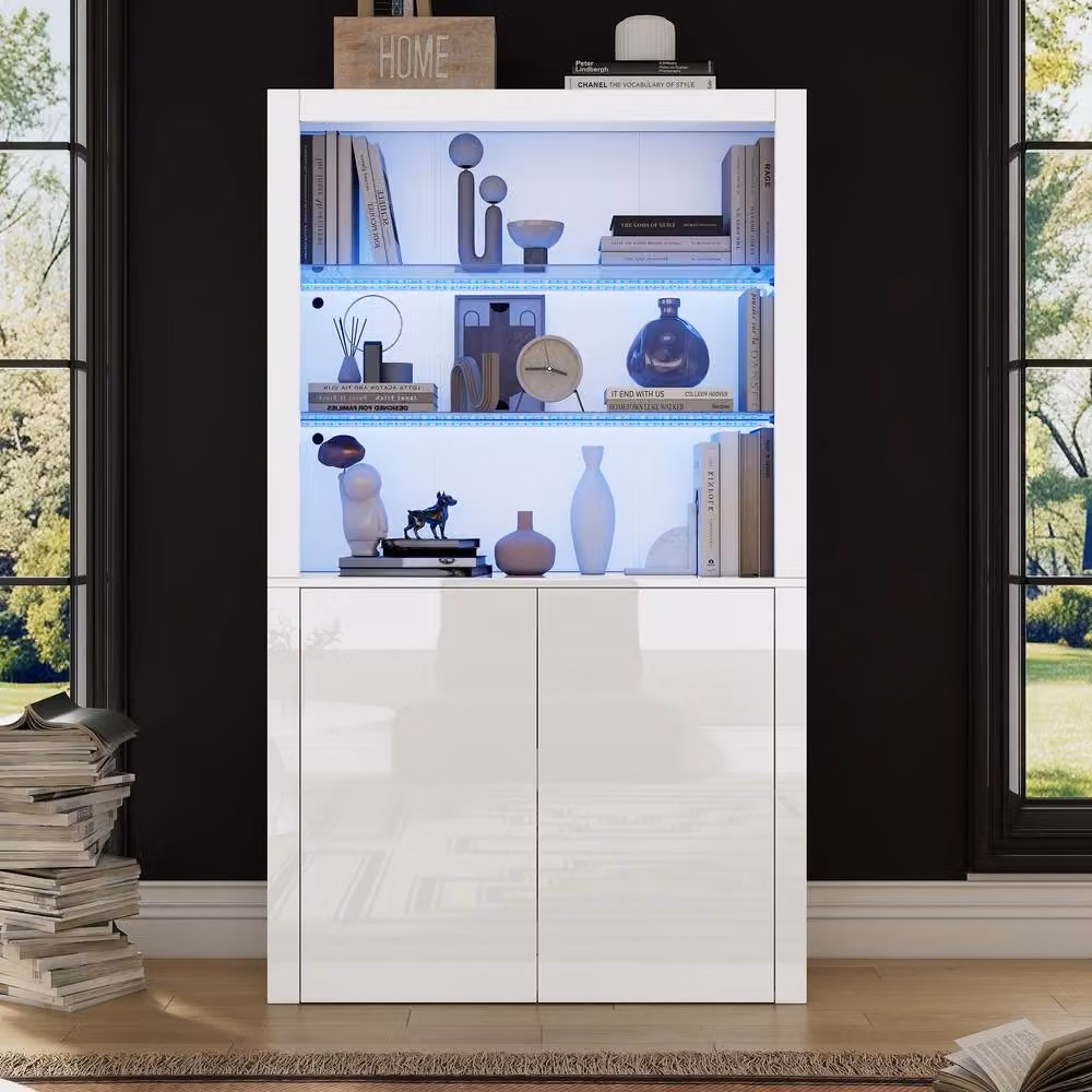 Rolipo White High Gloss Modern Freestanding LED Display Cabinet with Glass Doors and Internal Shelves – 5