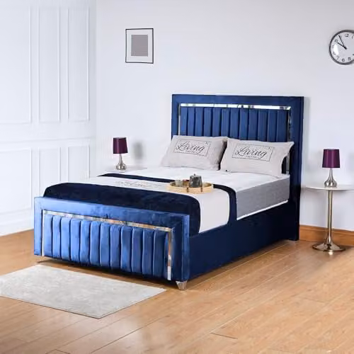 Living Comfort Bedz Zurich Plush Velvet Bed in Blue with Silver Trim, 5FT King Size, H 122 cm x W 180 cm x D 225 cm – 1