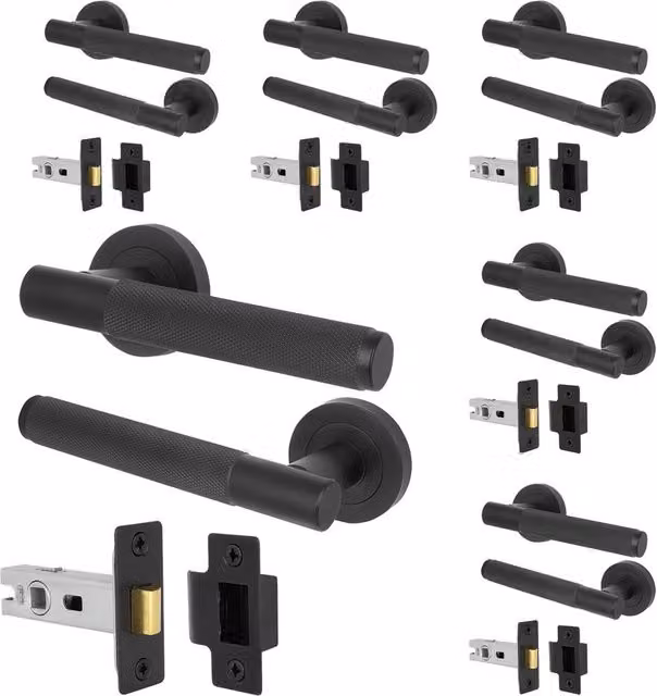 AFIT Matt Black Knurled Round Rose Door Handles with Latch, 6 Pairs – 1