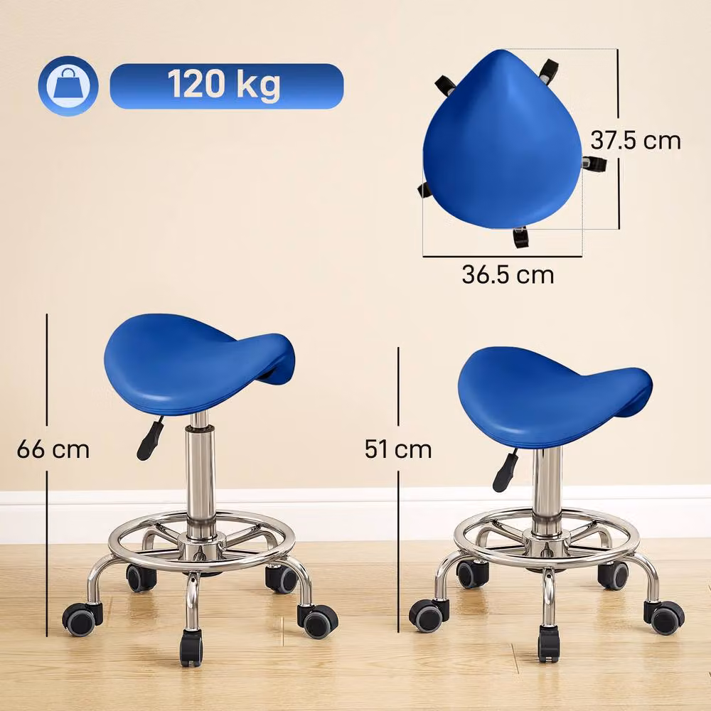 STILVORA Adjustable Height Saddle Stool with Blue PU Leather and Castors – 3