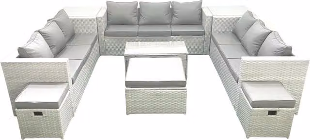 Fimous 12 Seater Rattan Garden Furniture Set with Coffee Table, 3 Footstools and 2 Side Tables in Light Grey
