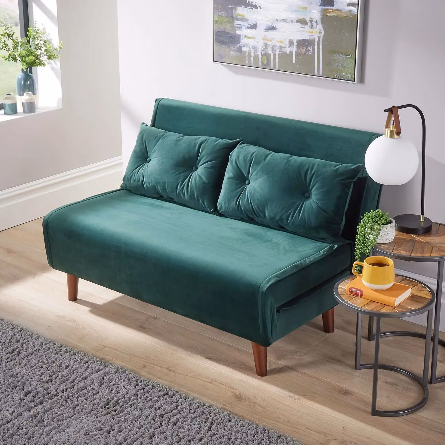Home Source Double Sofa Bed Folding Chair in Bottle Green Velvet with Wooden Legs and Two Pillows – 4