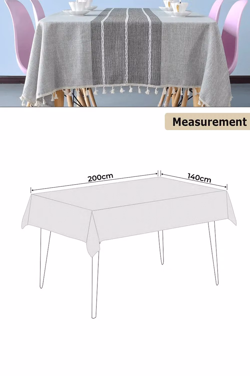 Neel Blue Grey Embroidery Stitch and Fringe Tassels Tablecloth, W: 140 cm, L: 200 cm – 2