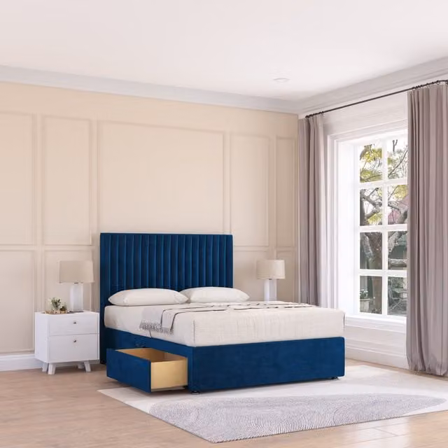 Sloomy Manhattan Small Single Divan Bed Base and 26 inch Struts Headboard in Navy Blue Velvet