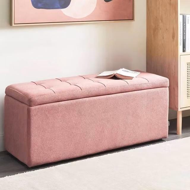 Wyld and Coco Pink Polyester Upholstered Storage Ottoman Footstool W: 100 cm, D: 42 cm, H: 40 cm