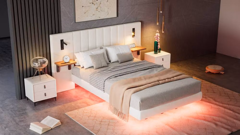Rolipo White Velvet Upholstered Double Bed with LED Under-Bed Lighting, USB Charging Ports and Side Compartments, W/D/H: 135 x 190 x 103 cm – 5