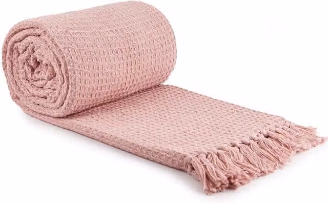 Emma Barclay Honeycomb Waffle Pique Cotton Throwover with Fringes in Pink, W/D/H: 127 x 152 x 152 cm