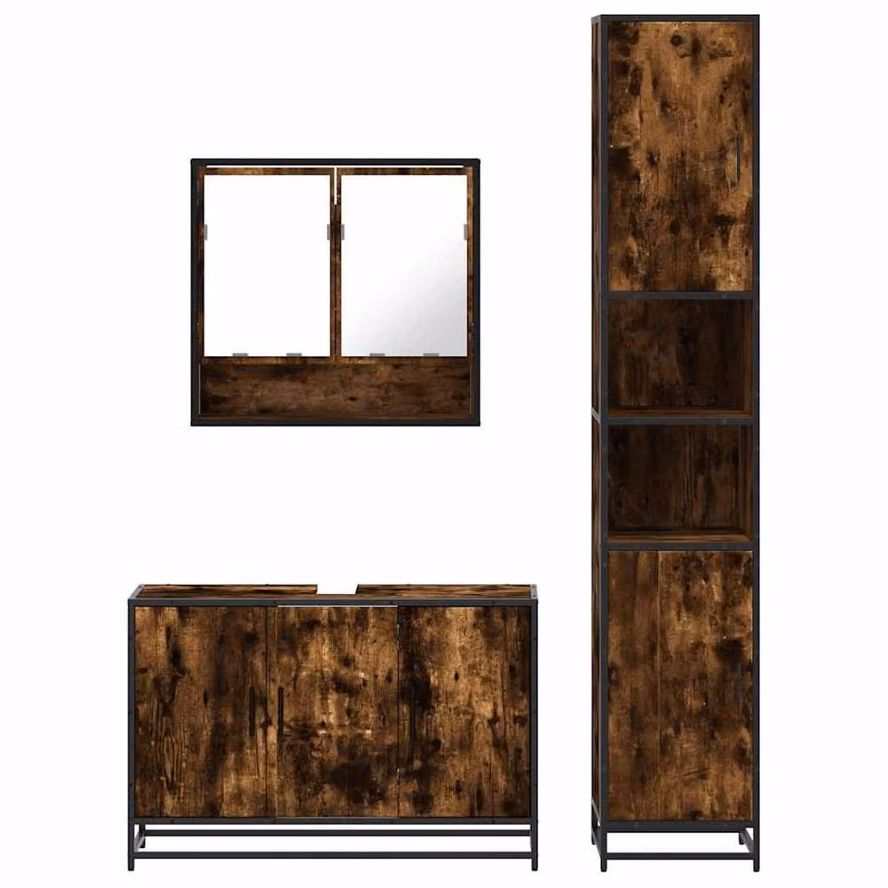 Berkfield Home 3 Piece Industrial Bathroom Furniture Set in Brown Smoked Oak – 3