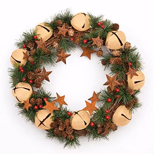 Shatchi Christmas Wreath with Stars and Leaves in Beige, Red and Green, Diameter: 40 cm