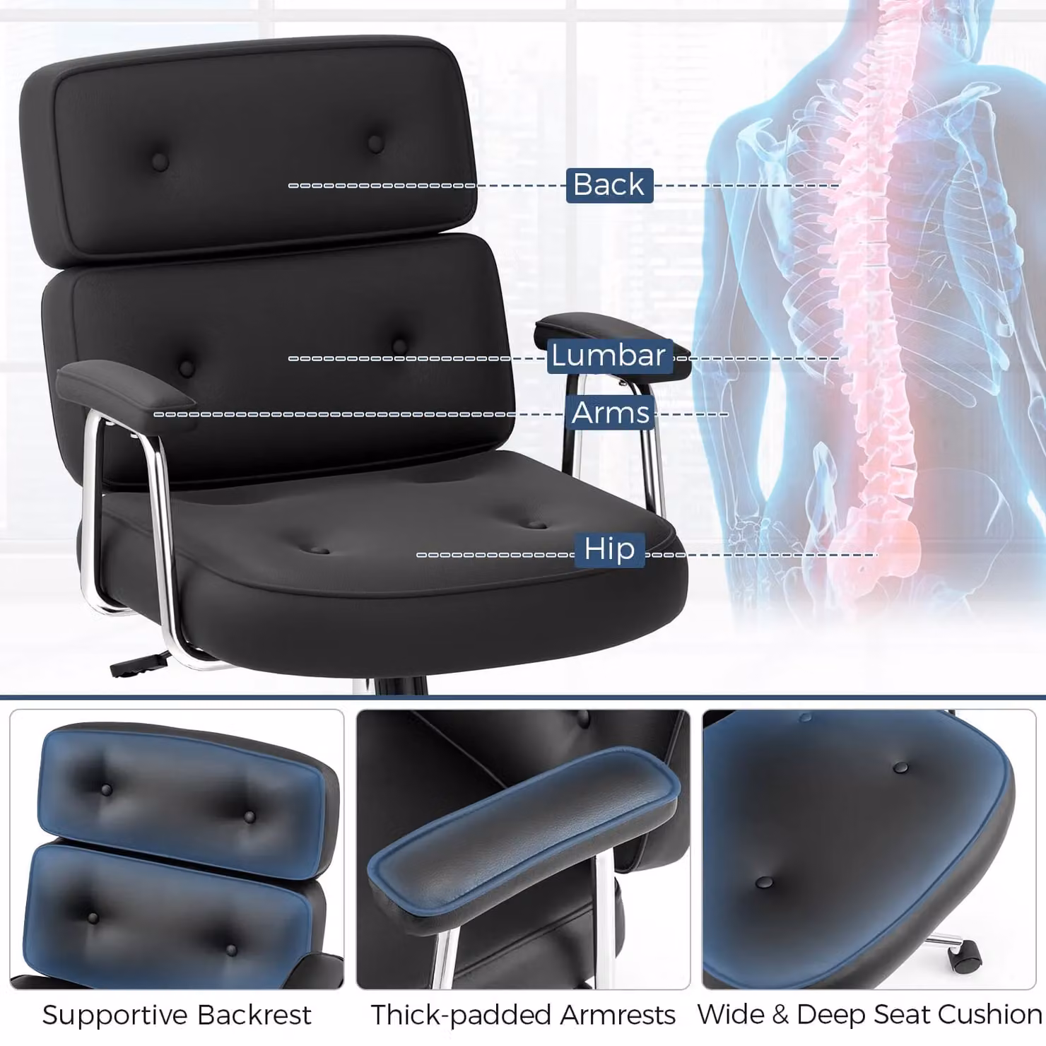 Costway Black PU Leather Upholstered Office Task Chair with Button Tufted Back – 6