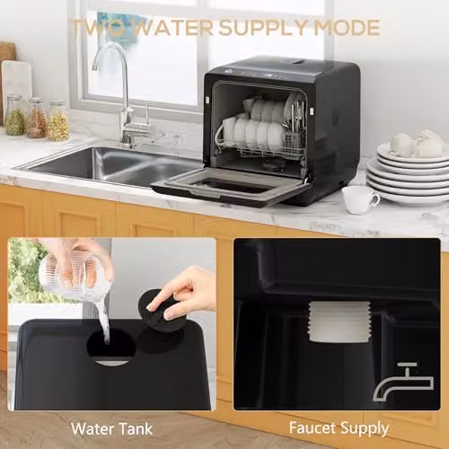 HOMCOM Countertop Dishwasher in Black with 6L Water Tank and 4 Place Settings – 5