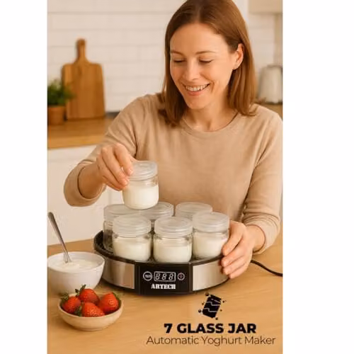 Trendi Digital Yoghurt Maker with 7 Glass Jars, Stainless Steel with LED Display and Timer in Black or Silver – 3